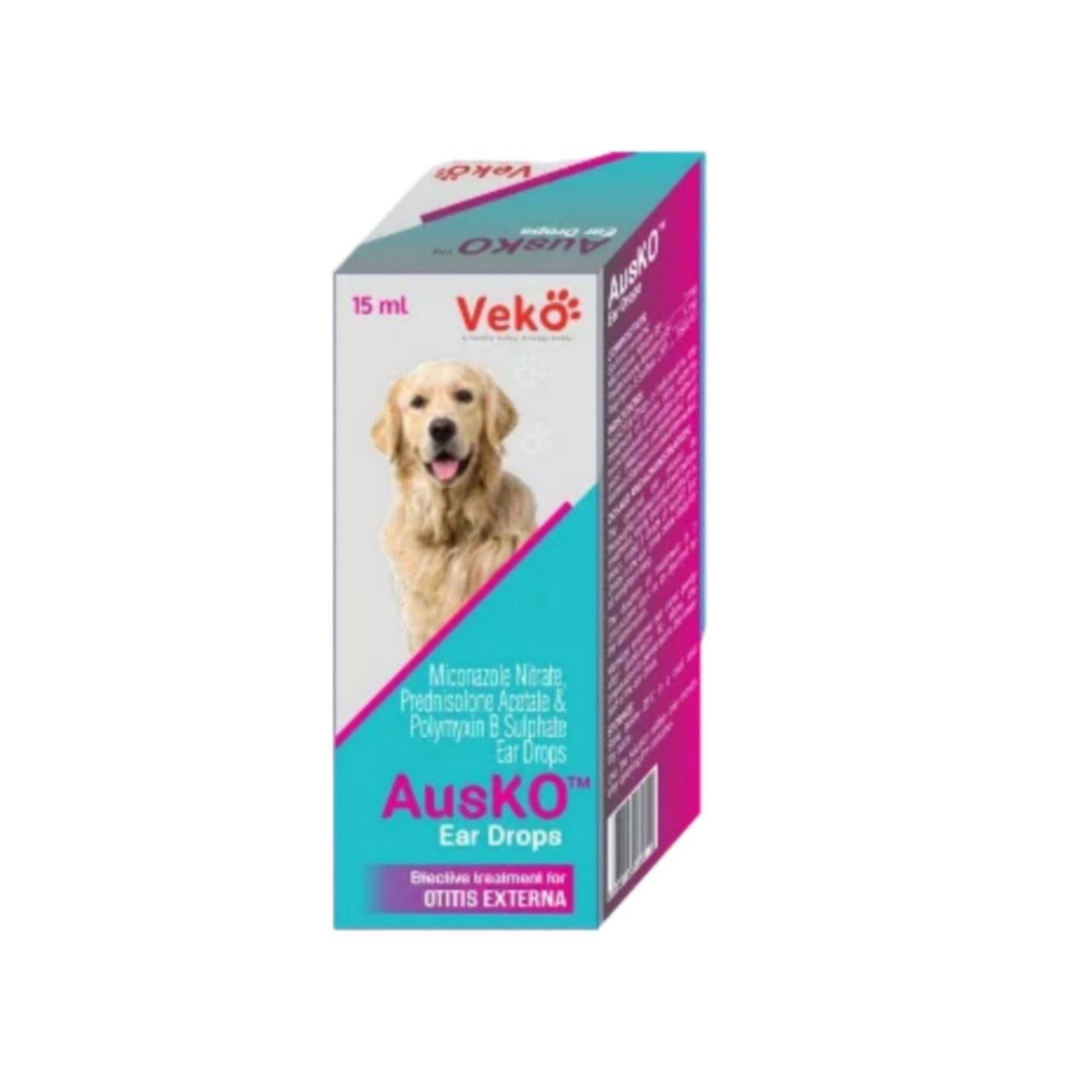 Veko AusKo Ear drops علاج فعال للحالات الشائعة والمتكررة من التهاب الاذن الخارجية في الكلاب عبارة عن مزيج من المضادات الحيوية ومضادات الفطريات و الادوية المضادة للالتهابات