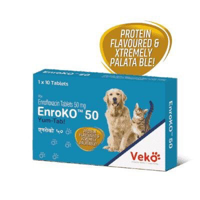 Veko Enroko 50 للاستخدام في الكلاب والقطط في علاج الالتهابات البكتيرية للجهاز الهضمي ، والجهاز التنفسي والجهاز البولي التناسلي ، والجلد ، والتهابات الجروح الثانوية والتهاب الأذن الخارجية.