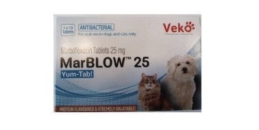 Veko MarBLOW 25 مضاد حيوي واسع الطيف يستخدم لعلاج الالتهابات البكتيرية في الكلاب والقطط ، مثل التهابات الجلد والأنسجة الرخوة والتهابات المسالك البولية.